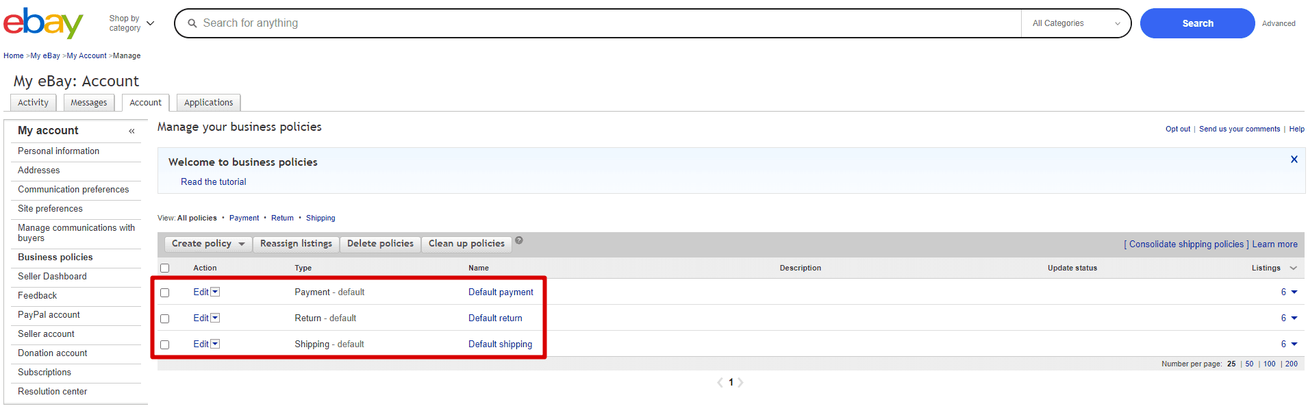 All eBay business policies configured