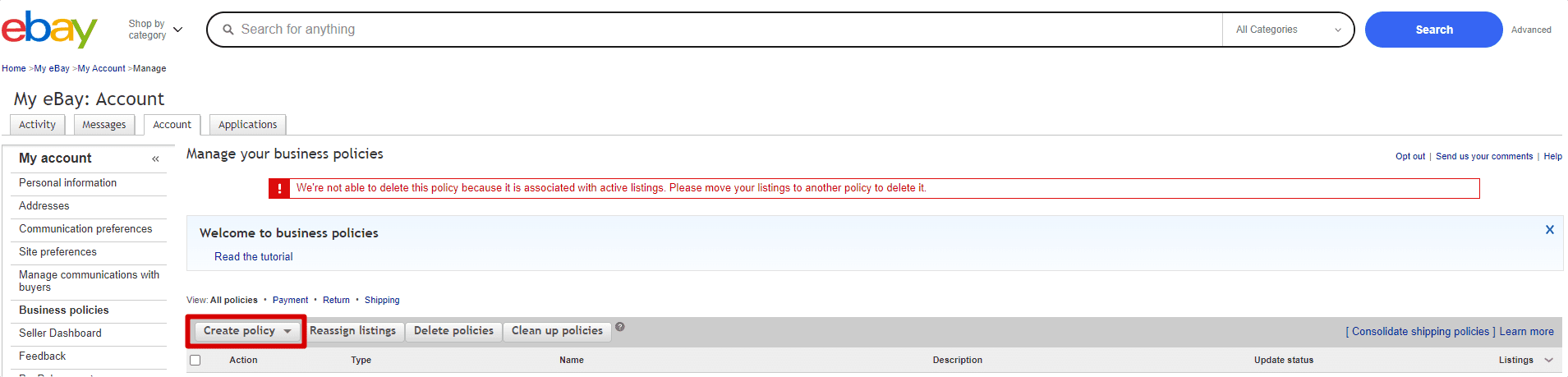 Create eBay policy button